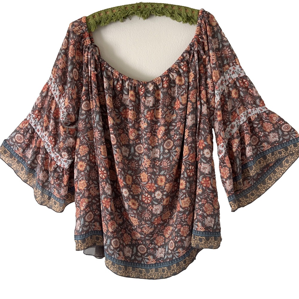 Floral Boho Top‎ Womens Sz 3X Tiered Bell Sleeves Paisley Flowy Bohemian Hippie